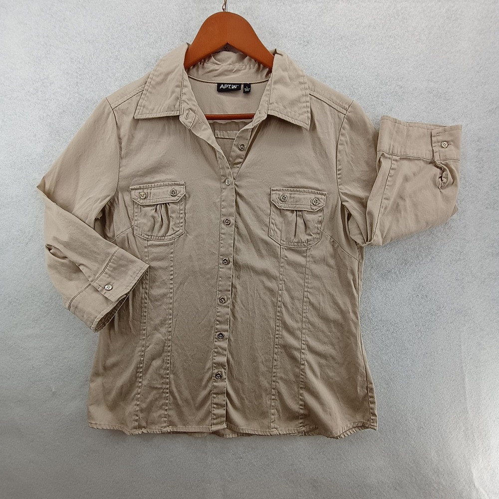 Apt. 9 Button Up Shirt Women L Khaki 3/4 Sleeve Stretch Safari Utility Casual